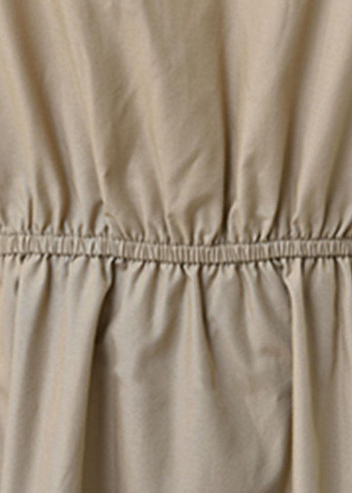 Fine Khaki V Neck Wrinkled Patchwork Cotton Long Dress Summer Ly1315