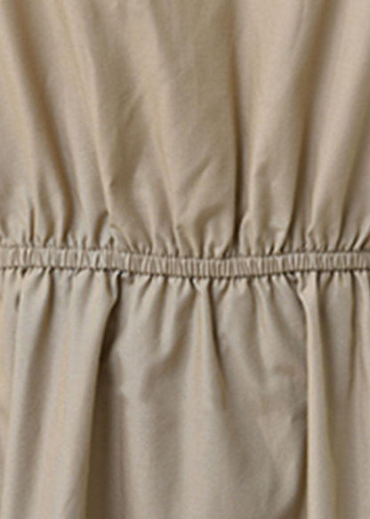 Fine Khaki V Neck Wrinkled Patchwork Cotton Long Dress Summer Ly1315