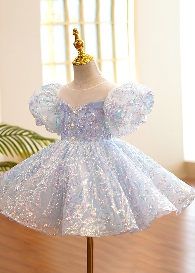 Fine Light Blue O-neck Sequins Tulle Party Long Dress Summer Ys035