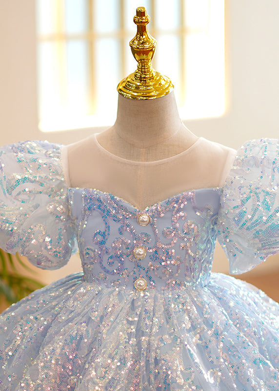 Fine Light Blue O-neck Sequins Tulle Party Long Dress Summer Ys035