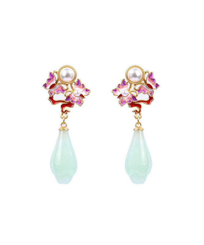 Fine Light Green Copper Overgild Pearl Jade Butterfly Drop Earrings