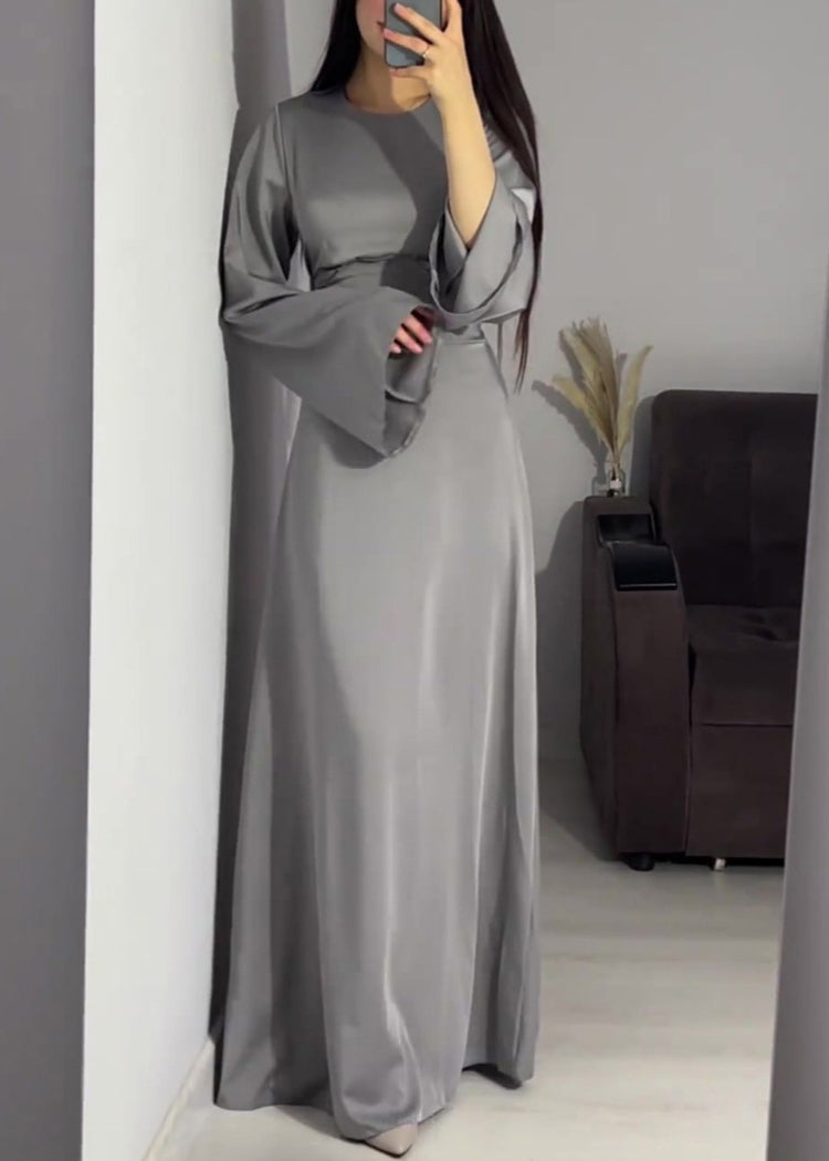 Fine Navy O Neck Lace Up Slim Fit Silk Long Dress Fall Wo057
