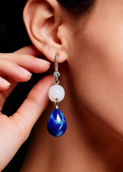 Fine Peacock Blue Water Droplet Gem Stone Style Drop Earrings