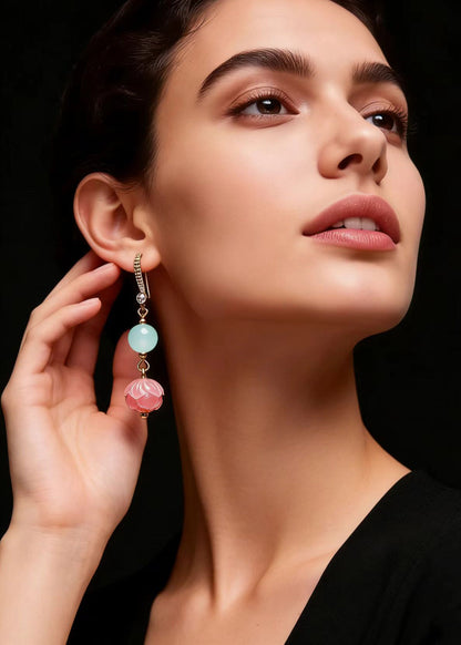 Fine Pink Flower Zircon Jade Drop Earrings