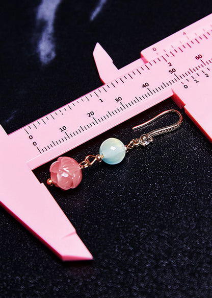 Fine Pink Flower Zircon Jade Drop Earrings