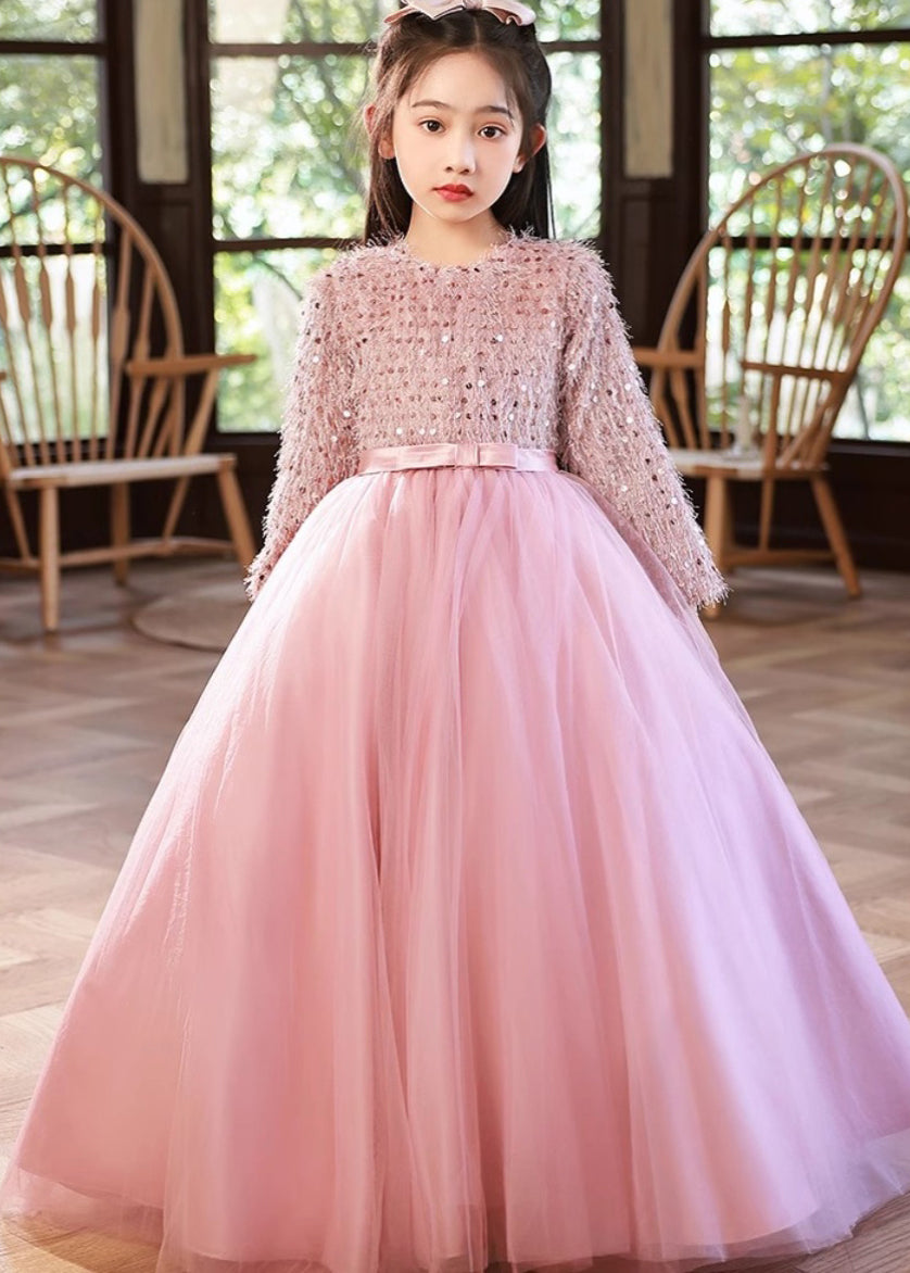 Fine Pink O-neck Patchwork Tulle Maxi Dress Winter Rp044