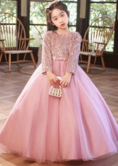 Fine Pink O-neck Patchwork Tulle Maxi Dress Winter Rp044
