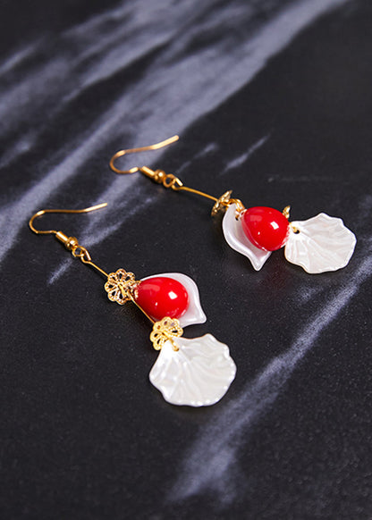 Fine Red Droplet Shape Coral and Shell Drop Earrings