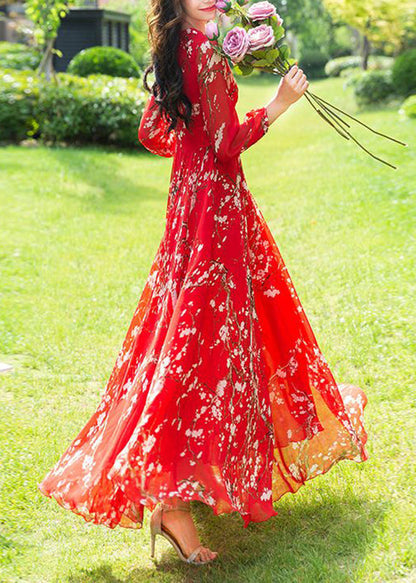 Fine Red Print Slim Chiffon Vacation Long Dresses Long Sleeve Ly1775