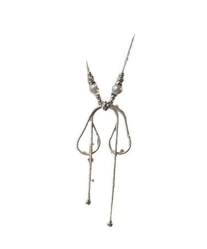 Fine Silk Alloy Pearl Bow Pendant Necklace Yu002