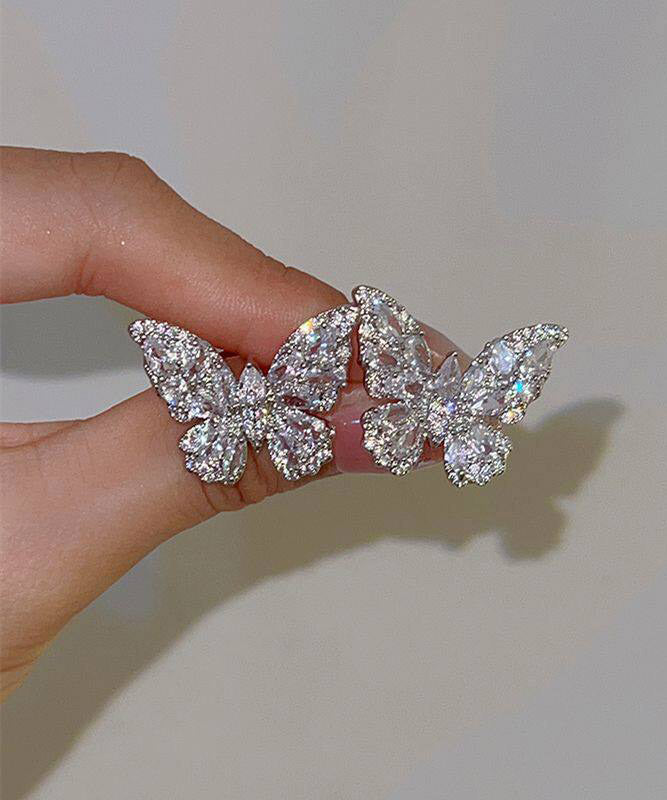 Fine Silk Copper Alloy Zircon Butterfly Stud Earrings