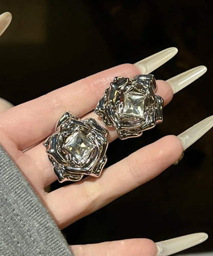 Fine Silk Metal Zircon Rose Stud Earrings