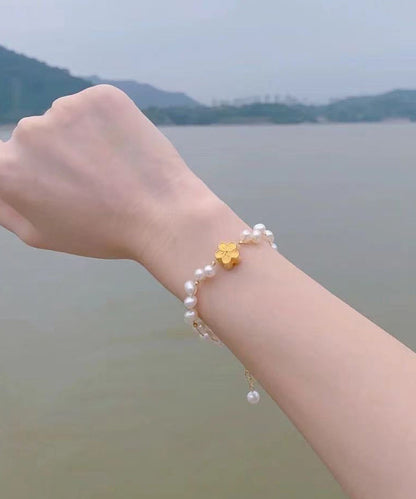 Fine White 14k Gold Pearl Woven Chain Bracelet