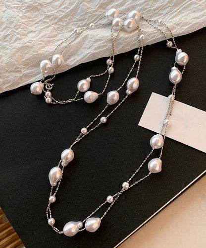 Fine White Asymmetry Pearl Copper Long Sweater Necklace