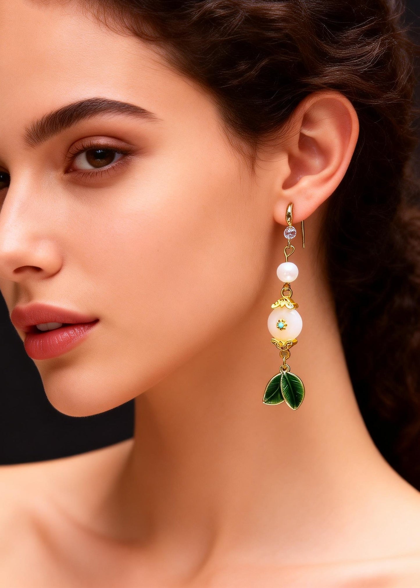 Fine White Jade Green Leaf Metal Drop Earrings