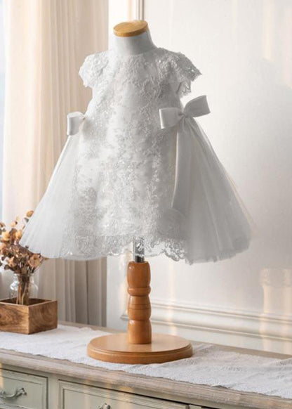 Fine White Lace Patchwork Tulle Maxi Dresses Short Sleeve Ys021