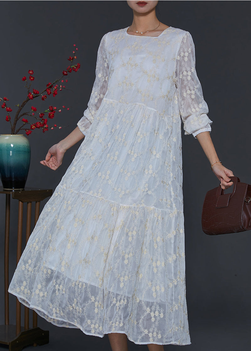 Fine White Square Colla Embroidered Silk Long Dress Spring Sd1105