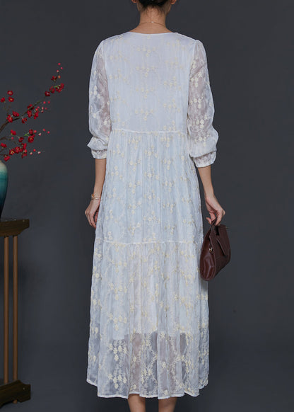 Fine White Square Colla Embroidered Silk Long Dress Spring Sd1105