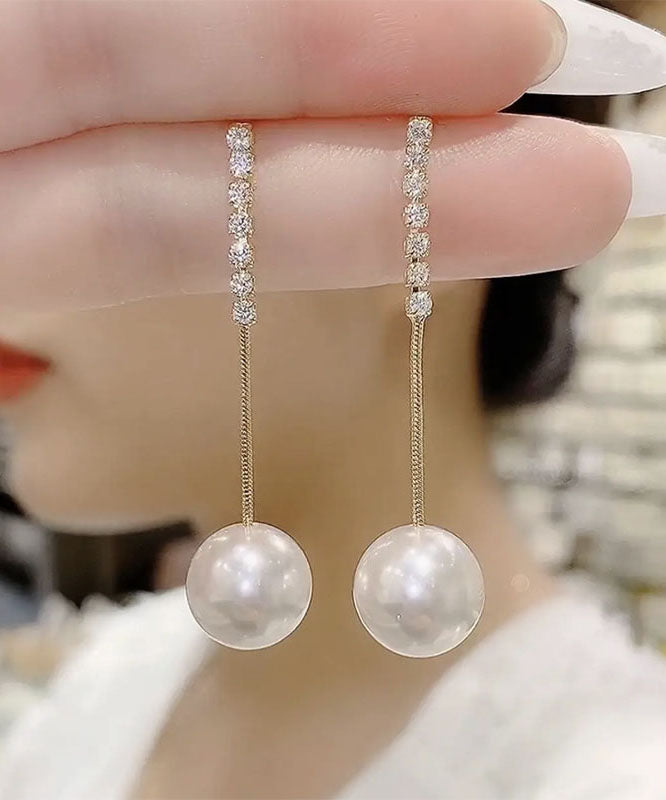 Fine White Fine Sterling Silver Overgild Zircon Pearl Tassel Drop Earrings
