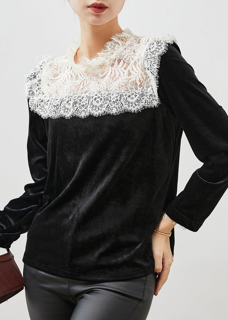 Fitted Black Lace Patchwork Silm Fit Velour Blouses Spring Yu1057