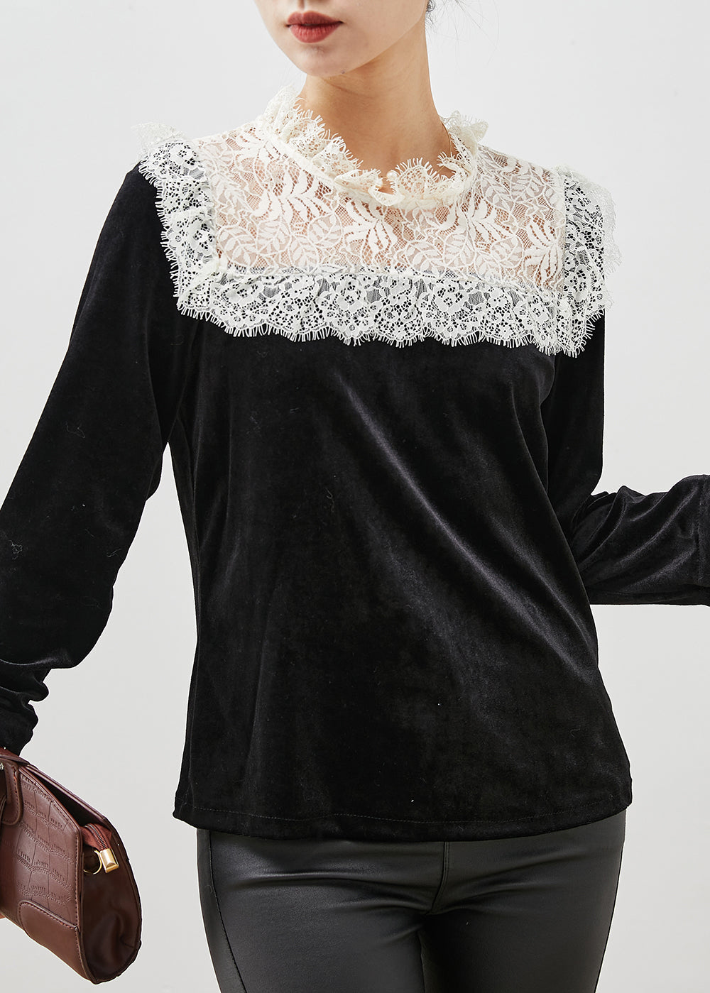 Fitted Black Lace Patchwork Silm Fit Velour Blouses Spring Yu1057