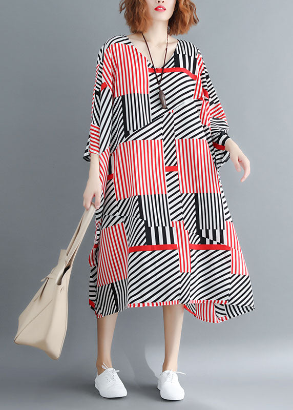 Fitted Black Red Striped Oversized Chiffon Maxi Dresses Batwing Sleeve Ly1535