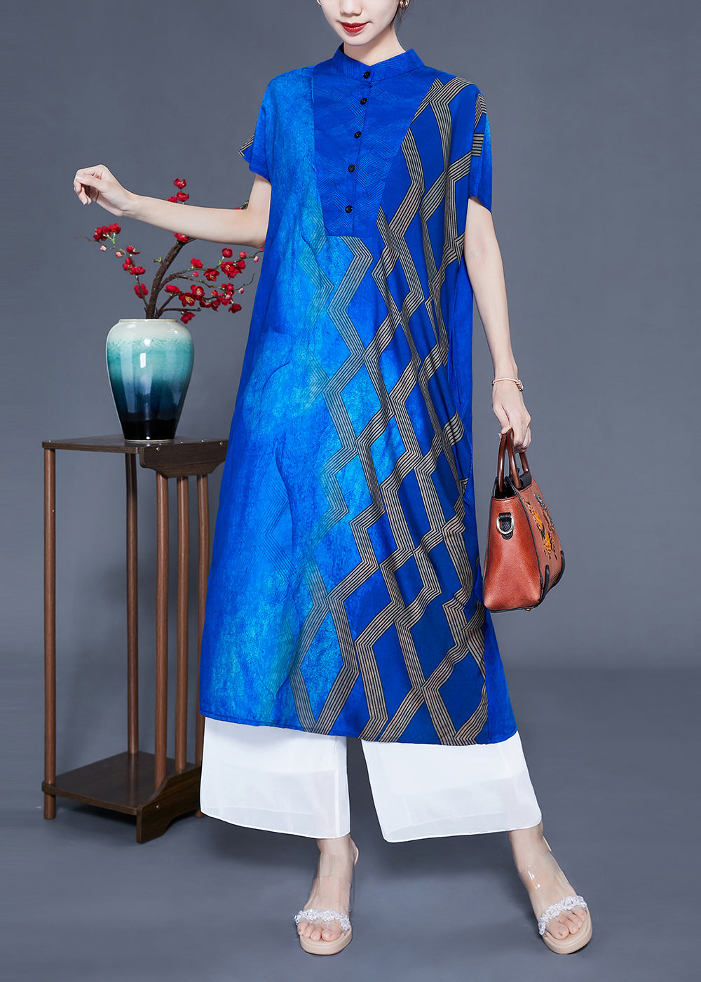 Fitted Blue Stand Collar Tie Dye Silk Maxi Dresses Summer Ly0934