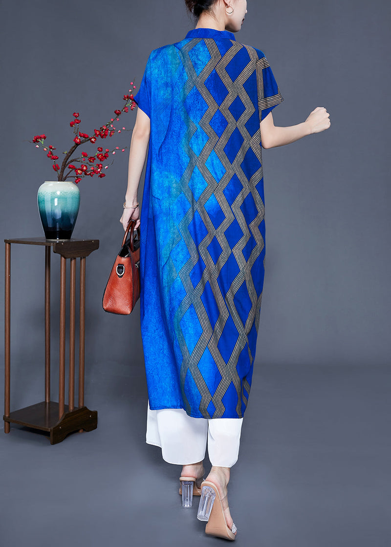 Fitted Blue Stand Collar Tie Dye Silk Maxi Dresses Summer Ly0934