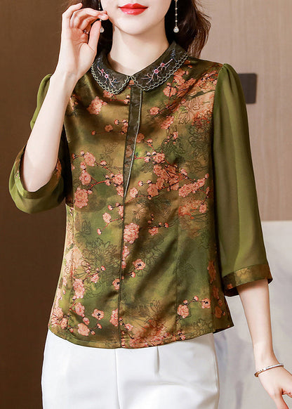Fitted Green Peter Pan Collar Print Silk Blouse Tops Bracelet Sleeve Ly0455