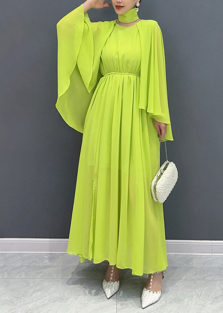 Fitted Green Shawl Collar Patchwork Vacation Maxi Dresses Flare Sleeve Ao1031