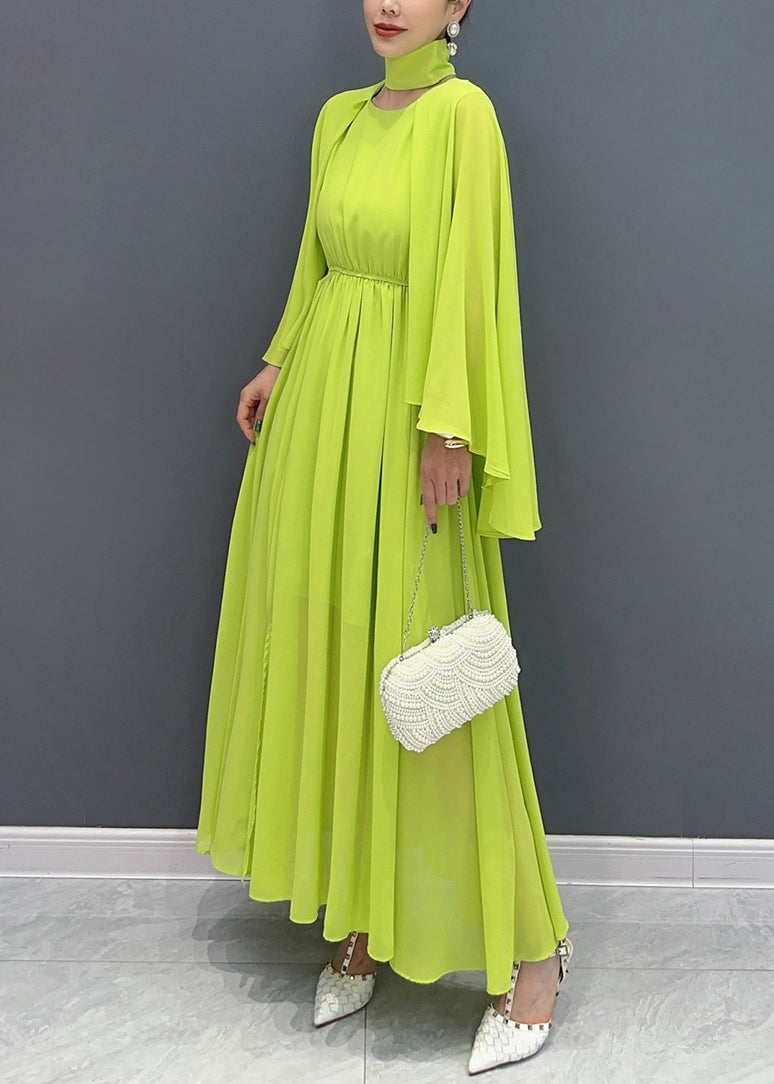 Fitted Green Shawl Collar Patchwork Vacation Maxi Dresses Flare Sleeve Ao1031