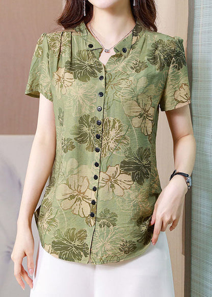 Fitted Green Stand Collar Print Button Silk Blouse Top Summer Ly0439