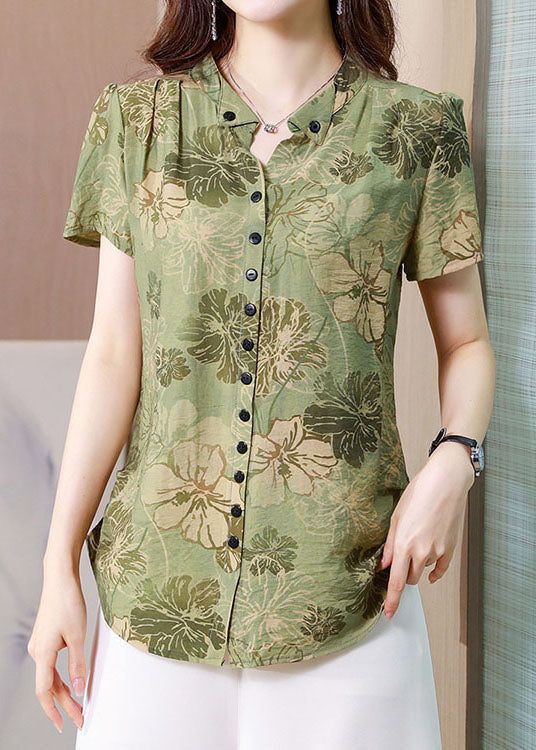 Fitted Green Stand Collar Print Button Silk Blouse Top Summer Ly0439