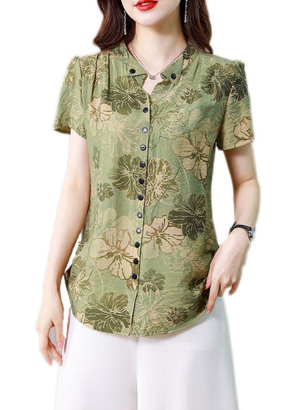 Fitted Green Stand Collar Print Button Silk Blouse Top Summer Ly0439