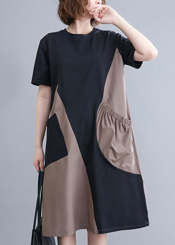 Fitted O-neck Asymmetrical Patchwork Wrinkled Long Dresses Summer Ac2007