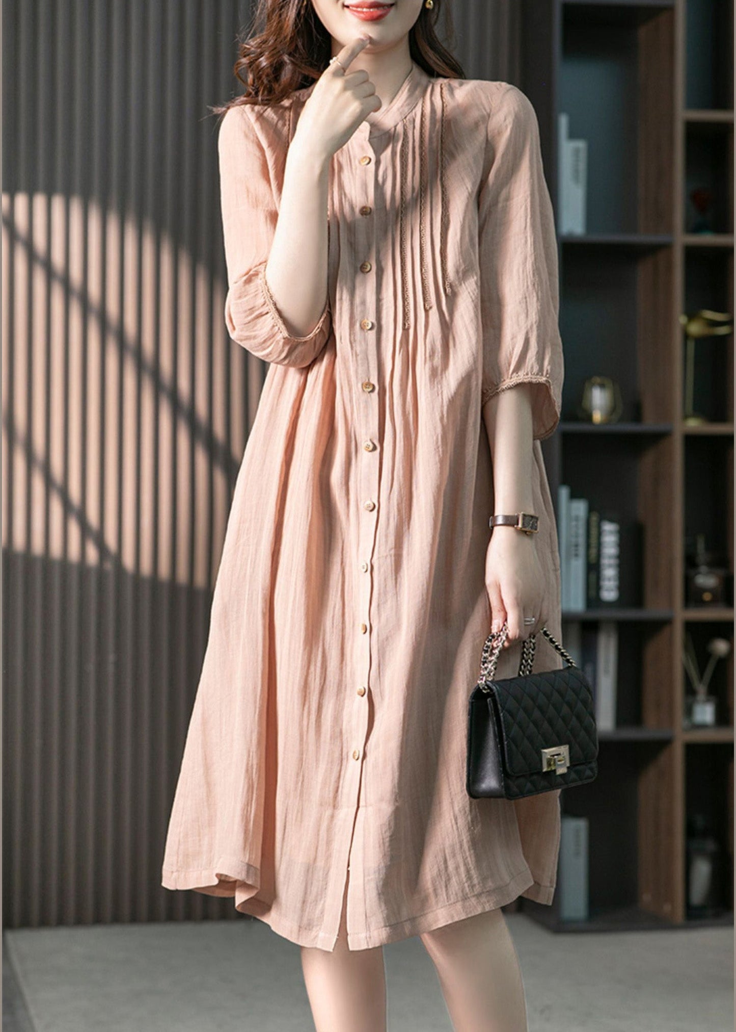 Fitted Pink Stand Collar Button Linen Maxi Dresses Spring Ly1745