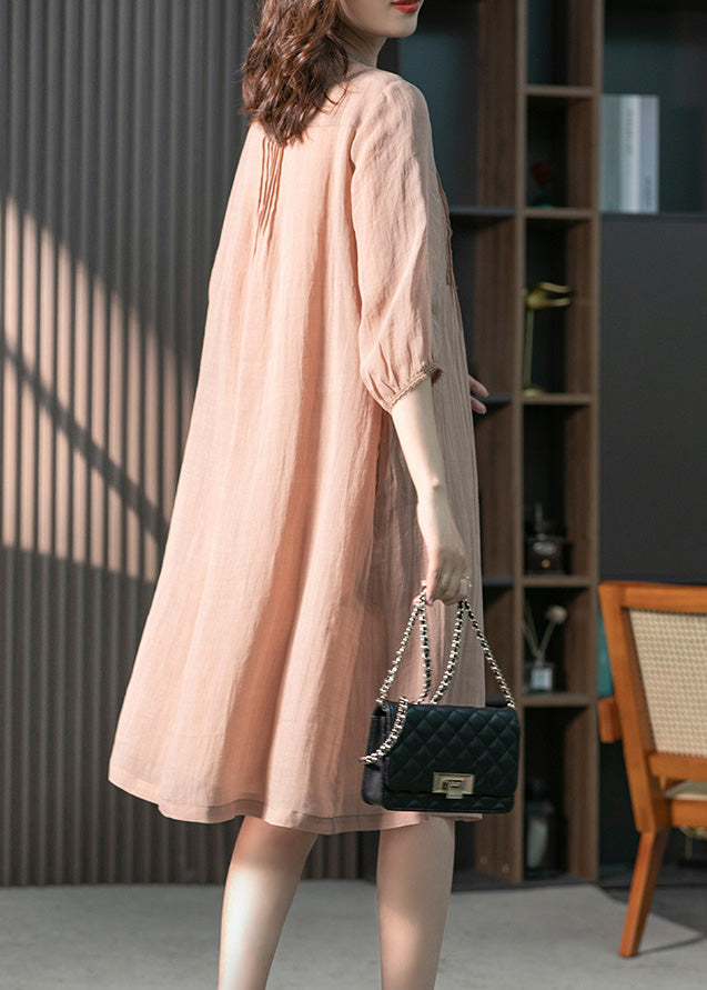 Fitted Pink Stand Collar Button Linen Maxi Dresses Spring Ly1745