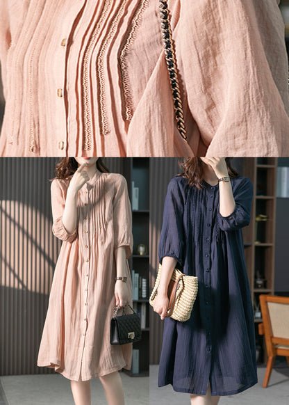 Navy Wrinkled Linen Long Dresses Long Sleeve Ly1746