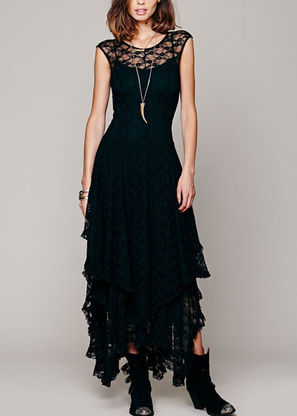 Fitted Rose Asymmetrical Hollow Out Lace Long Dress Summer Th051