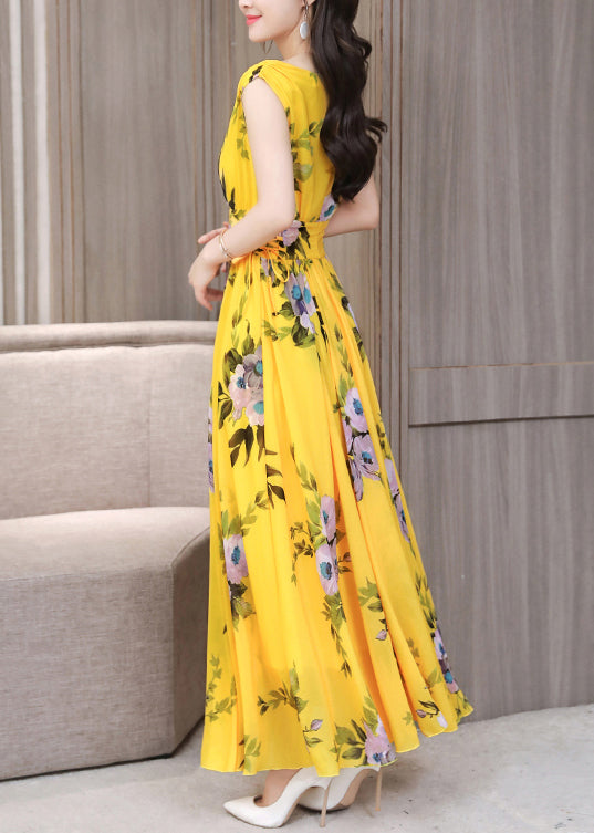 Fitted Yellow V Neck Print Chiffon Long Dress Summer Ly1709
