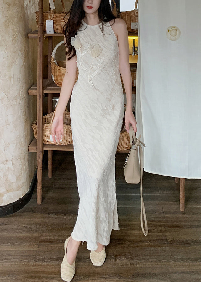 Beige O-neck Side Open Silk Long Dresses Sleeveless Kk035