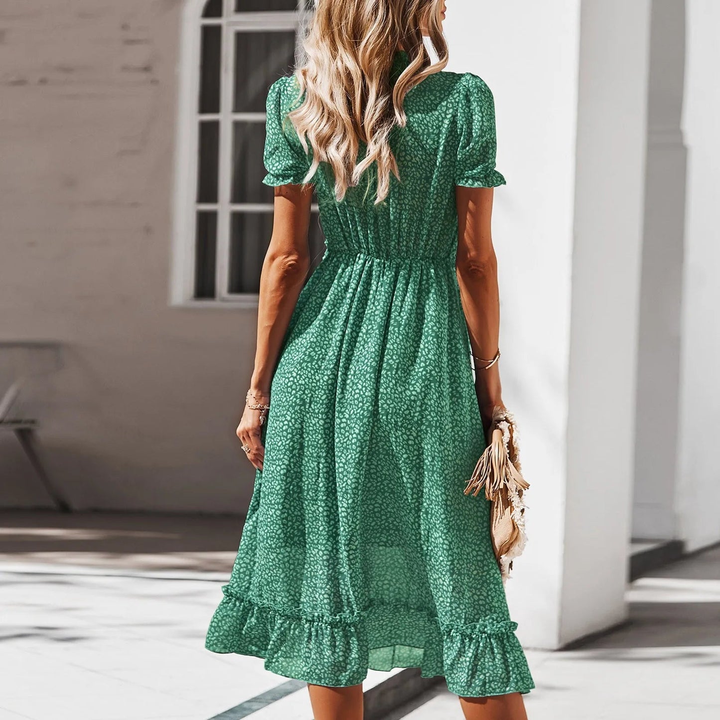 Summer Short Sleeve V-neck Flowy Party Beach Midi Dress