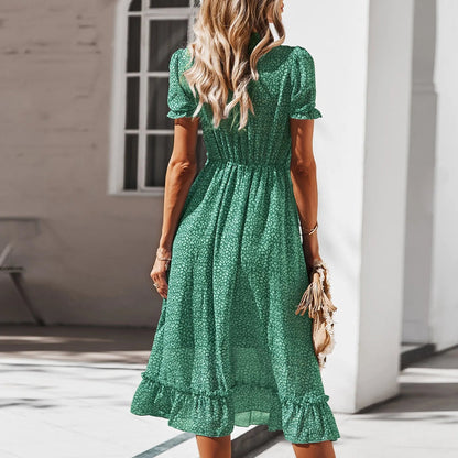 Summer Short Sleeve V-neck Flowy Party Beach Midi Dress