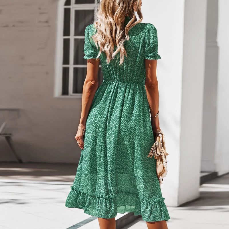 Summer Short Sleeve V-neck Flowy Party Beach Midi Dress