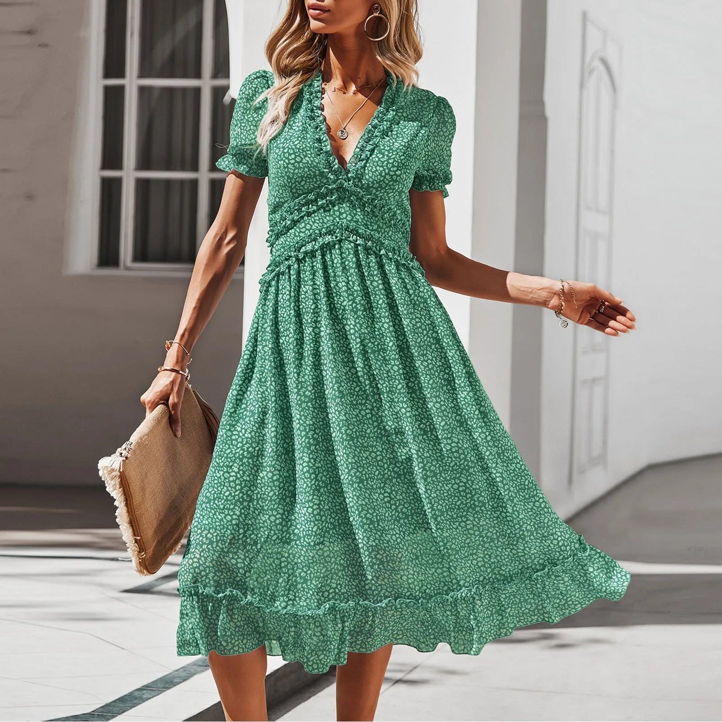 Summer Short Sleeve V-neck Flowy Party Beach Midi Dress