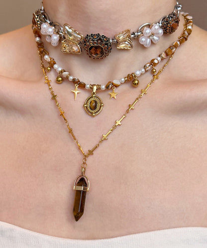 Brown Tiger's Eye Pearl Butterfly Titanium Steel Three Piece Set Pendant Necklace