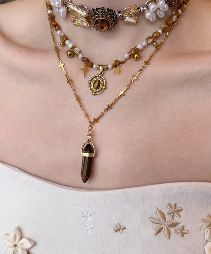 Brown Tiger's Eye Pearl Butterfly Titanium Steel Three Piece Set Pendant Necklace