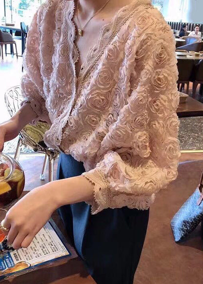 Pink V Neck Button Lace Blouses Bracelet Sleeve Wy013