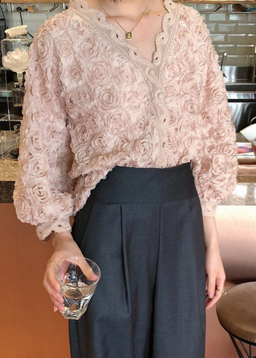 Pink V Neck Button Lace Blouses Bracelet Sleeve Wy013