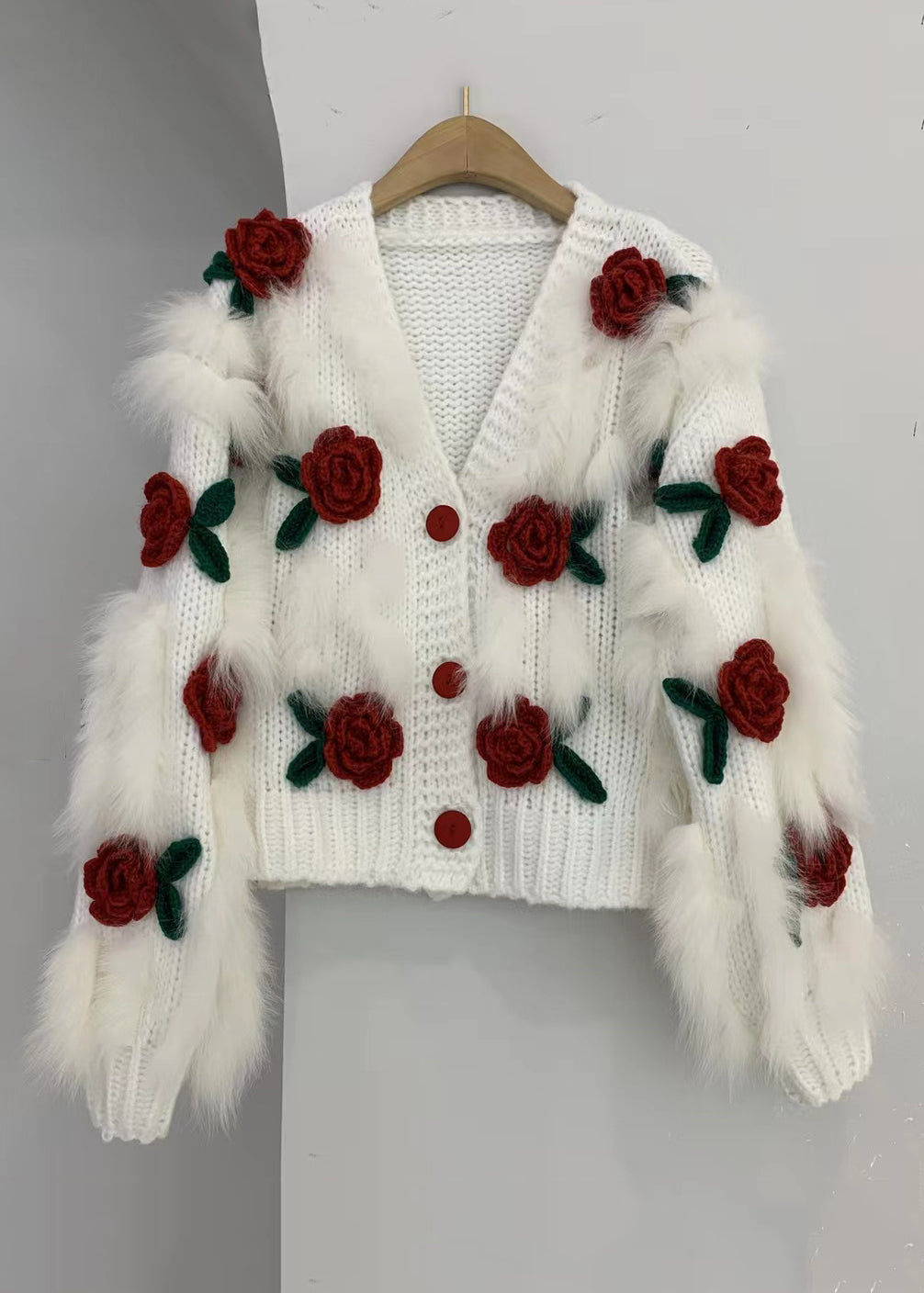 Pink V Neck Button Patchwork Knit Cardigan Winter Wk046